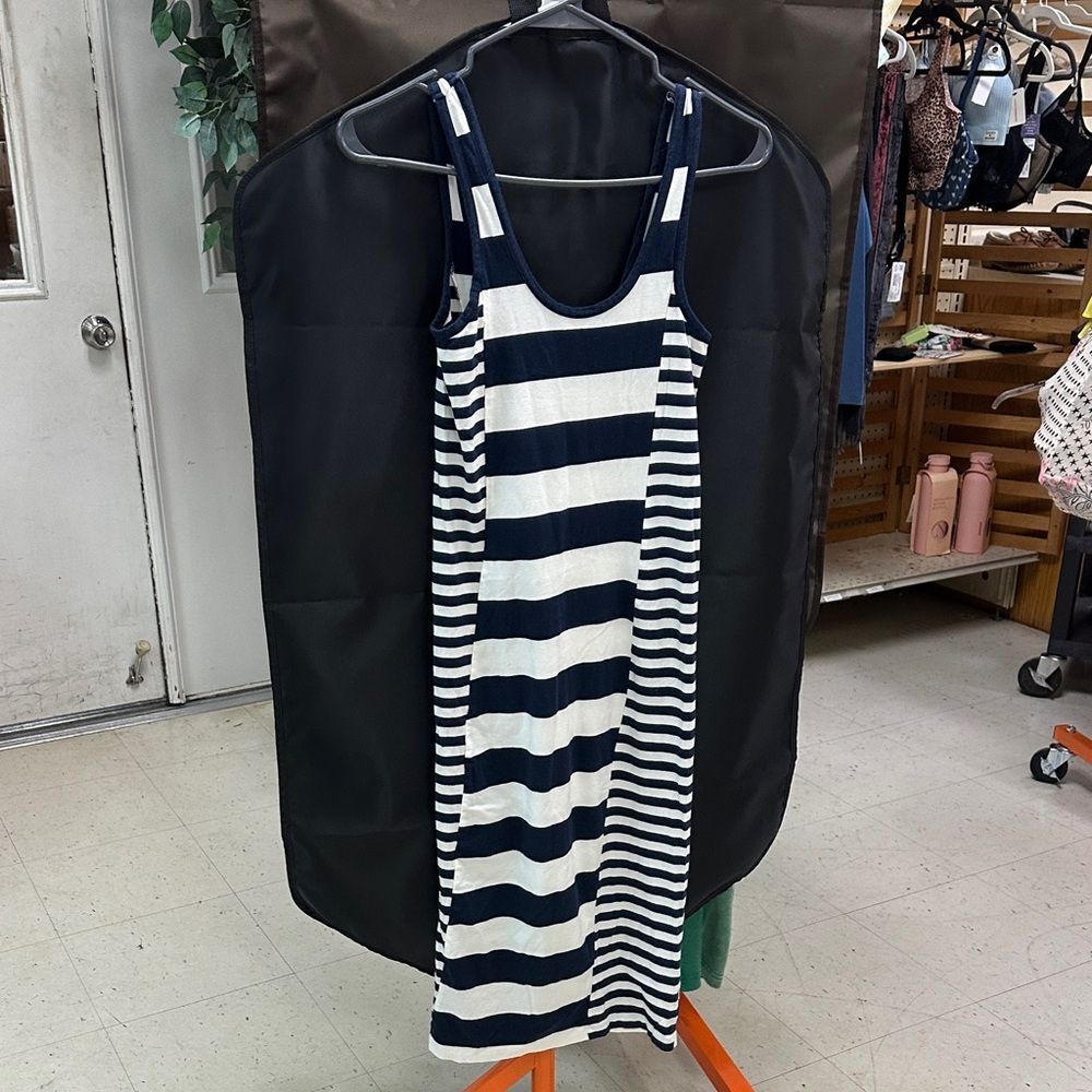French Connection Navy and White Striped Midi Dress